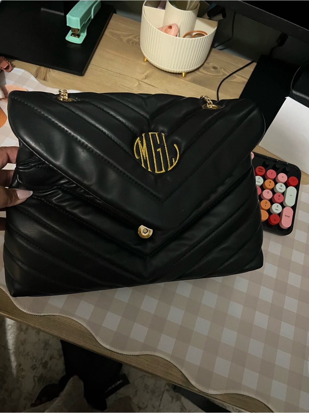 Black Quilted Chain-Handle Shoulder Bag with Gold Monogram